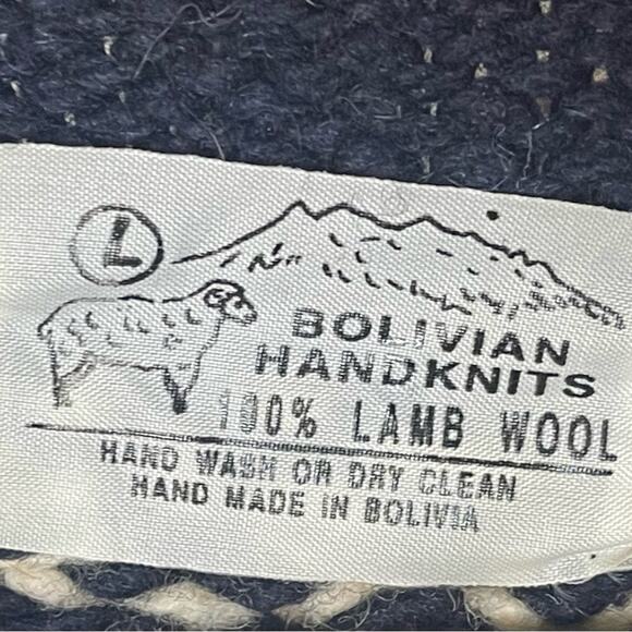 Vintage Bolivian Hand Knit Lambswool Sweater, Fair Isle, Fisherman, Ski Lodge, L - Picture 5 of 7